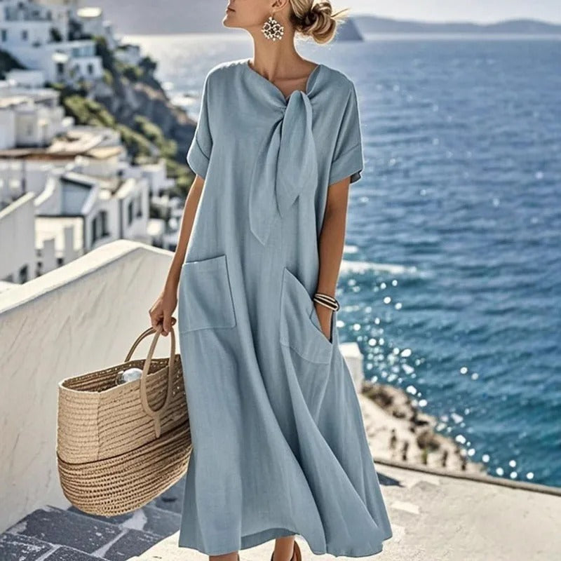 Women's Maxi Dress – Chic Neck Tie, Functional Pockets, 100% Polyester