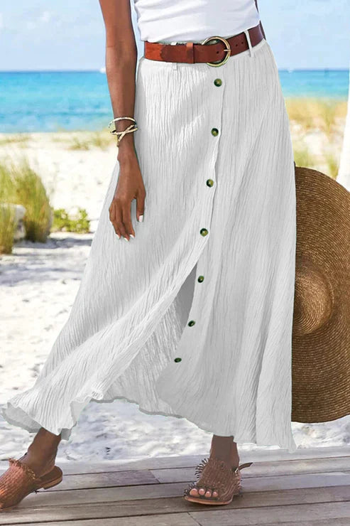 Women's Maxi Skirt – High Waist Crinkle Texture, Button Front Design