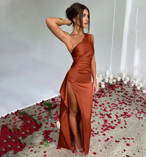 Women's One-Shoulder Maxi Dress – Fitted Body with High Slit Design