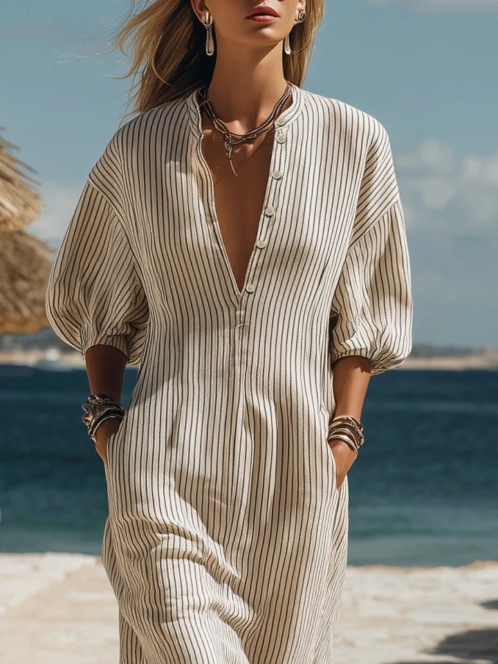 Women’s Ribbed Button-Down Midi Dress – Comfortable Three-Quarter Sleeves