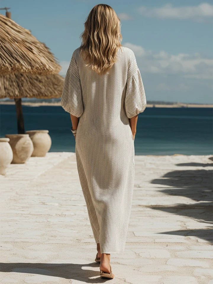 Women’s Ribbed Button-Down Midi Dress – Comfortable Three-Quarter Sleeves