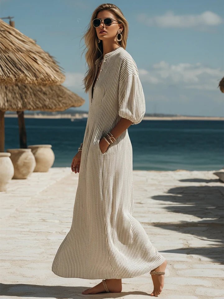 Women’s Ribbed Button-Down Midi Dress – Comfortable Three-Quarter Sleeves