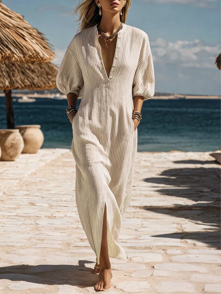 Women’s Ribbed Button-Down Midi Dress – Comfortable Three-Quarter Sleeves