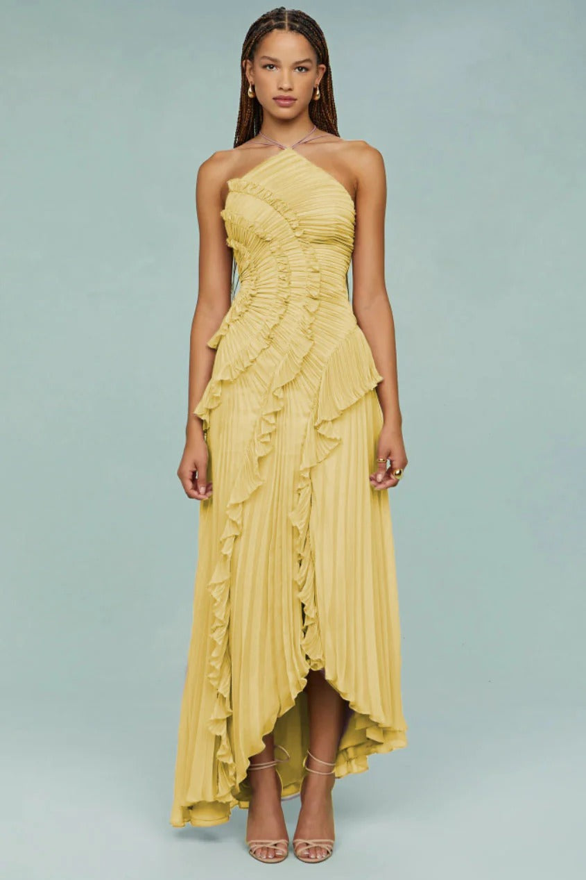 Women's Ruffle Maxi Dress – Adjustable Tie Back Neckline