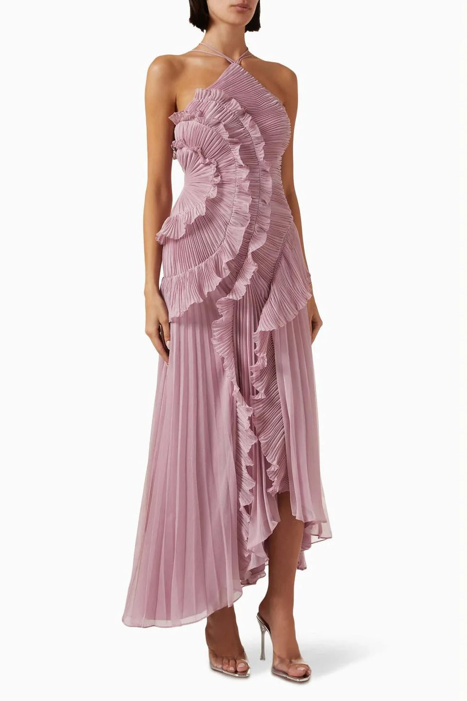 Women's Ruffle Maxi Dress – Adjustable Tie Back Neckline