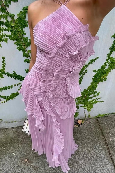 Women's Ruffle Maxi Dress – Adjustable Tie Back Neckline
