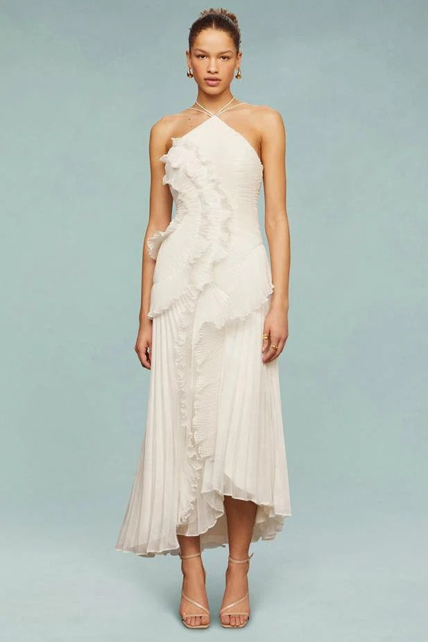 Women's Ruffle Maxi Dress – Adjustable Tie Back Neckline