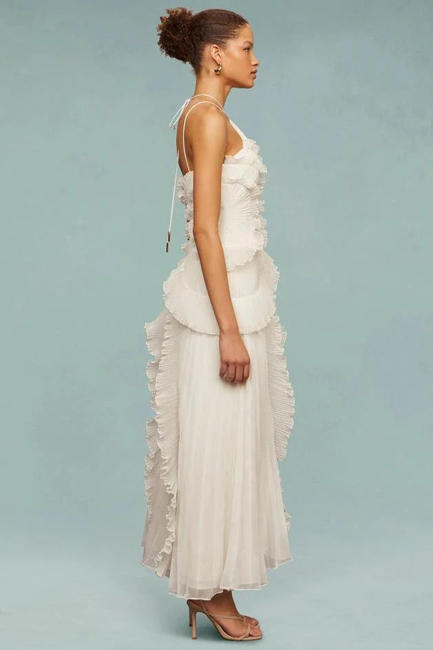 Women's Ruffle Maxi Dress – Adjustable Tie Back Neckline