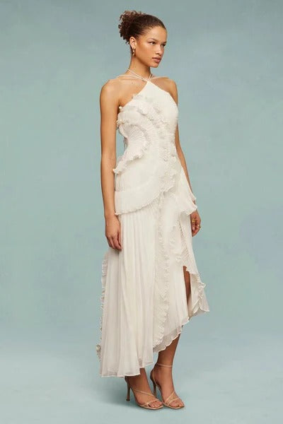 Women's Ruffle Maxi Dress – Adjustable Tie Back Neckline