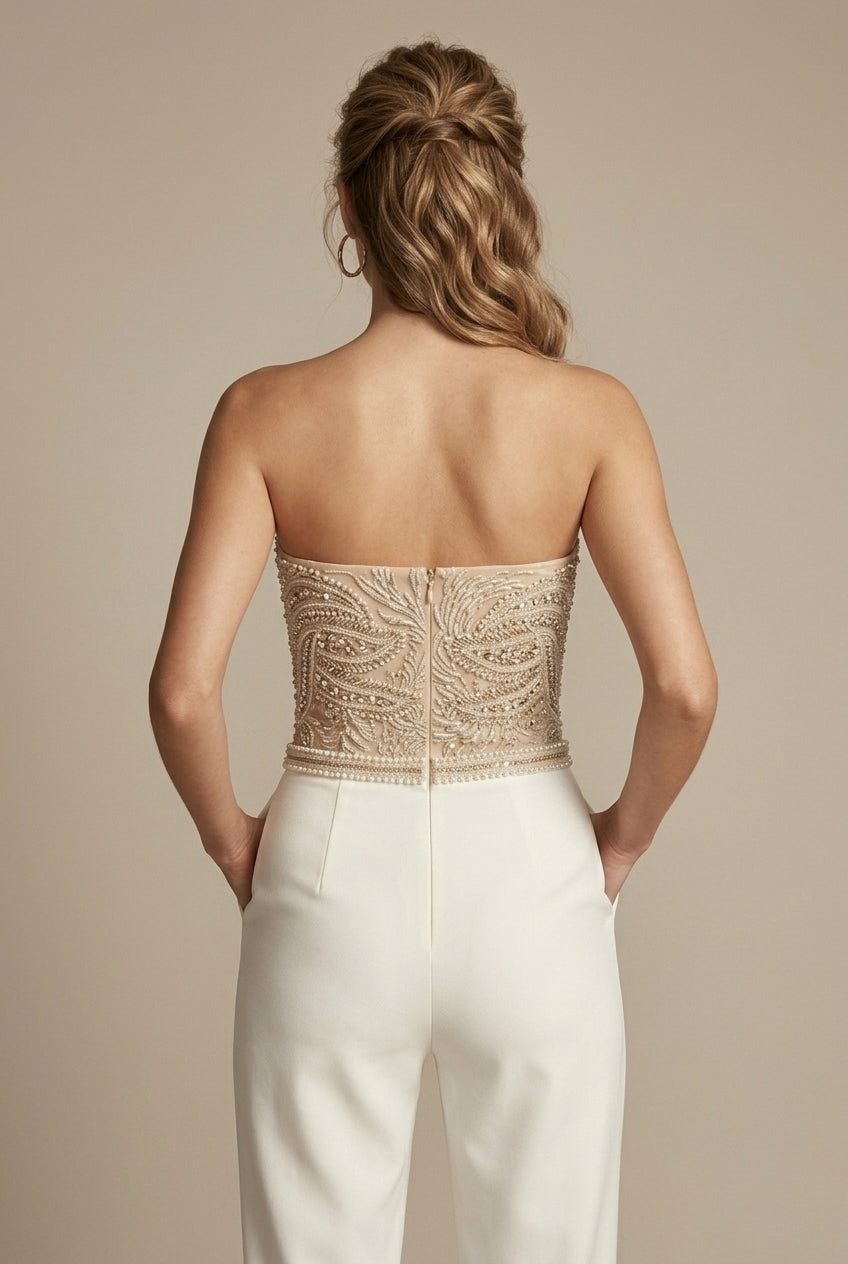 Women’s Sequin Jumpsuit – Strapless Sweetheart Neckline Wide-Leg Design