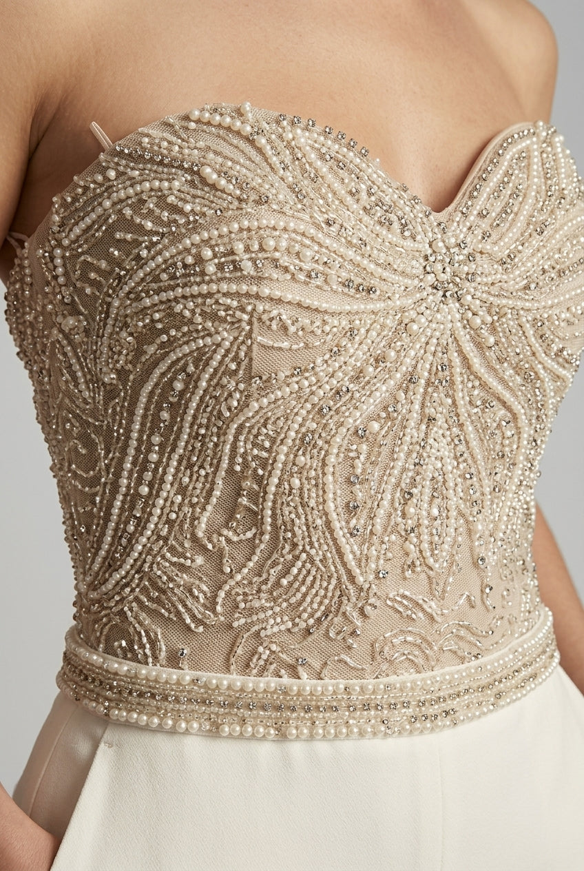 Women’s Sequin Jumpsuit – Strapless Sweetheart Neckline Wide-Leg Design