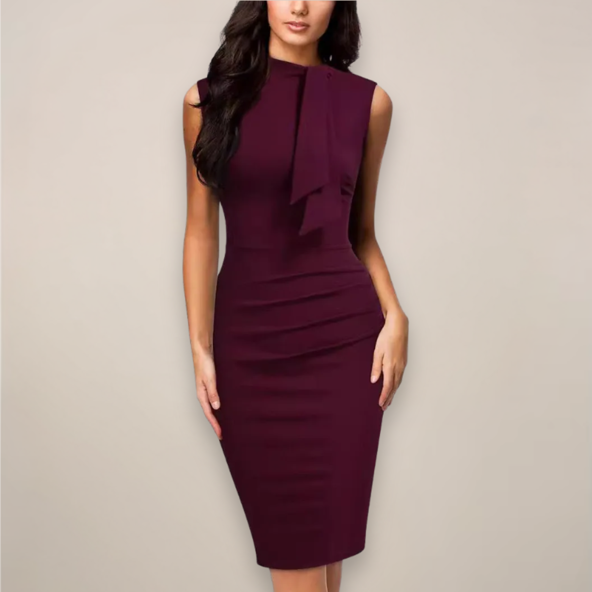 Women’s Sheath Midi Dress – V-Neck Wrap Style Asymmetrical Hem