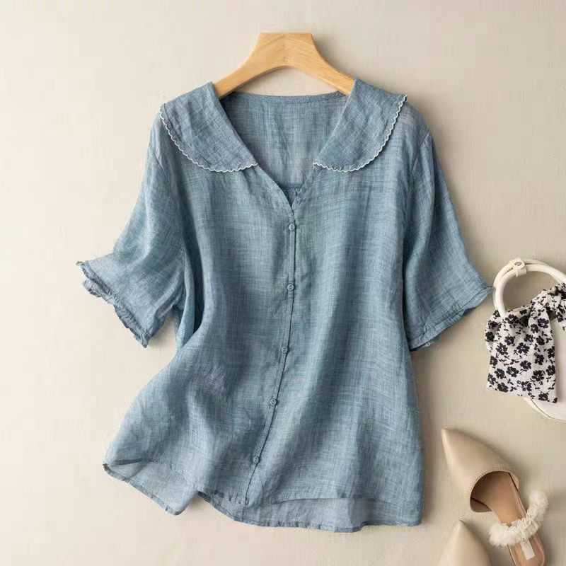 Women's Vintage Blouse – Soft Fabric, Scalloped Collar, Relaxed Fit