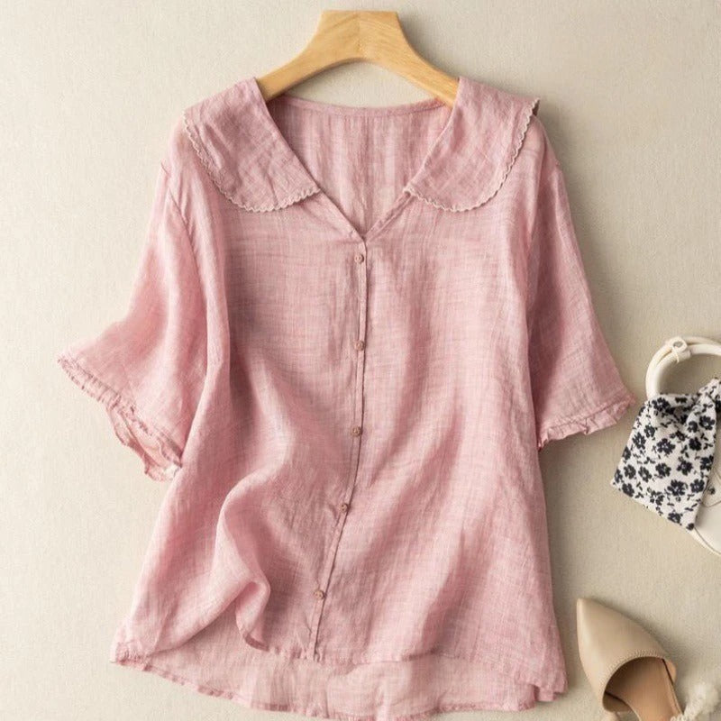 Women's Vintage Blouse – Soft Fabric, Scalloped Collar, Relaxed Fit