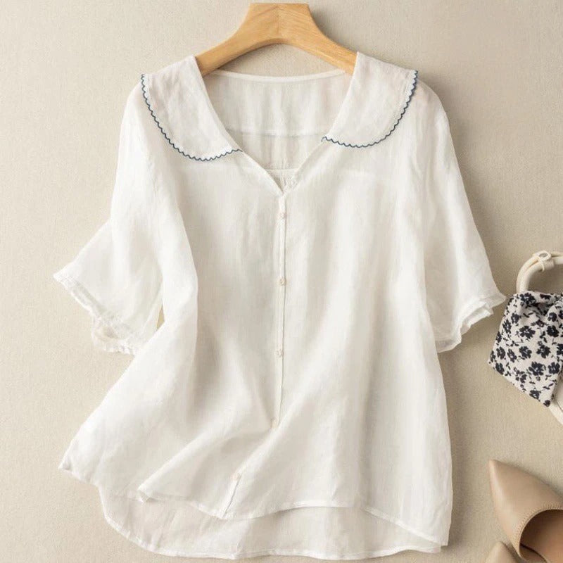 Women's Vintage Blouse – Soft Fabric, Scalloped Collar, Relaxed Fit