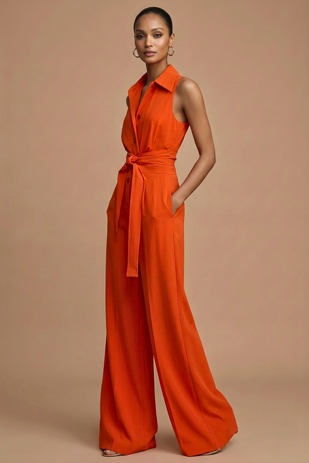 Women's Wide Leg Jumpsuit – Sleeveless Collar Neck Button Front Design