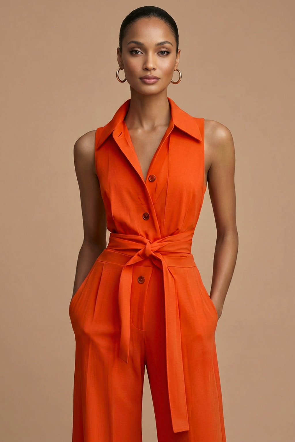 Women's Wide Leg Jumpsuit – Sleeveless Collar Neck Button Front Design