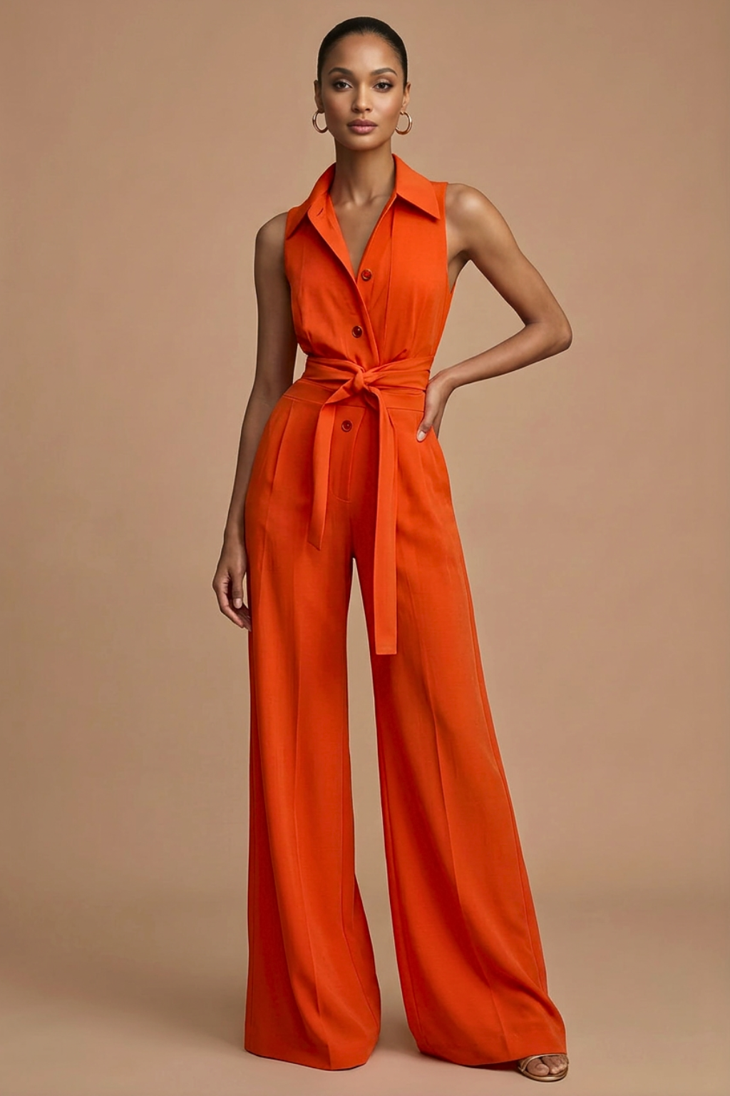 Women's Wide Leg Jumpsuit – Sleeveless Collar Neck Button Front Design