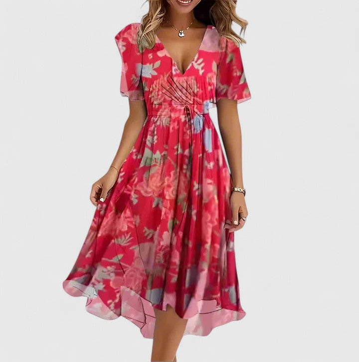 Women's Floral Dress – 100% Polyester, Cinched Waist, V-Neckline
