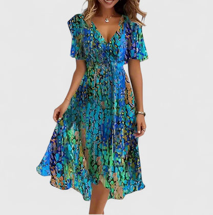 Women's Floral Dress – 100% Polyester, Cinched Waist, V-Neckline