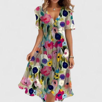 Women's Floral Dress – 100% Polyester, Cinched Waist, V-Neckline