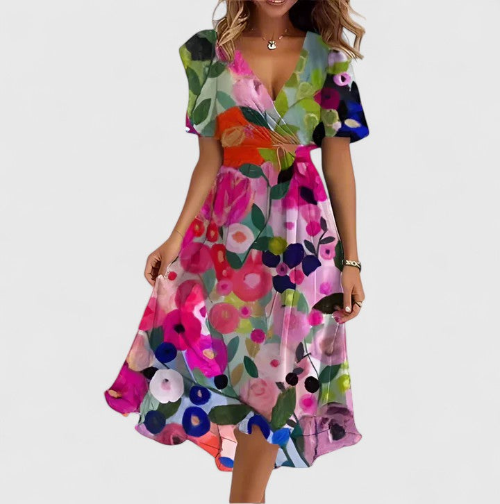 Women's Floral Dress – 100% Polyester, Cinched Waist, V-Neckline