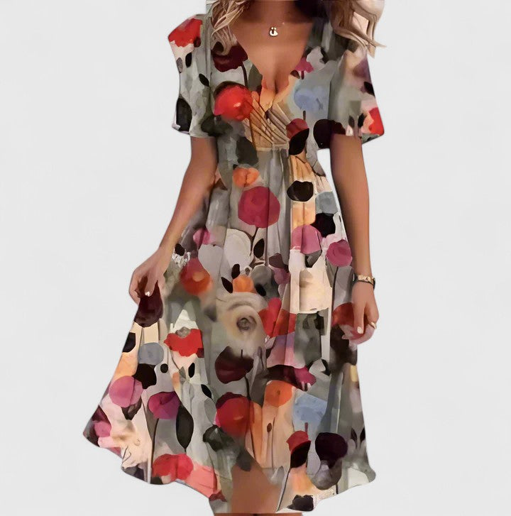 Women's Floral Dress – 100% Polyester, Cinched Waist, V-Neckline