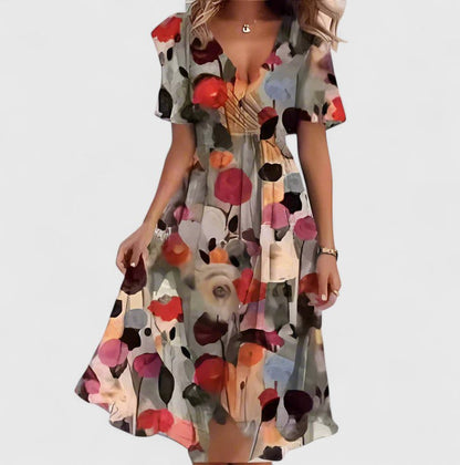 Women's Floral Dress – 100% Polyester, Cinched Waist, V-Neckline