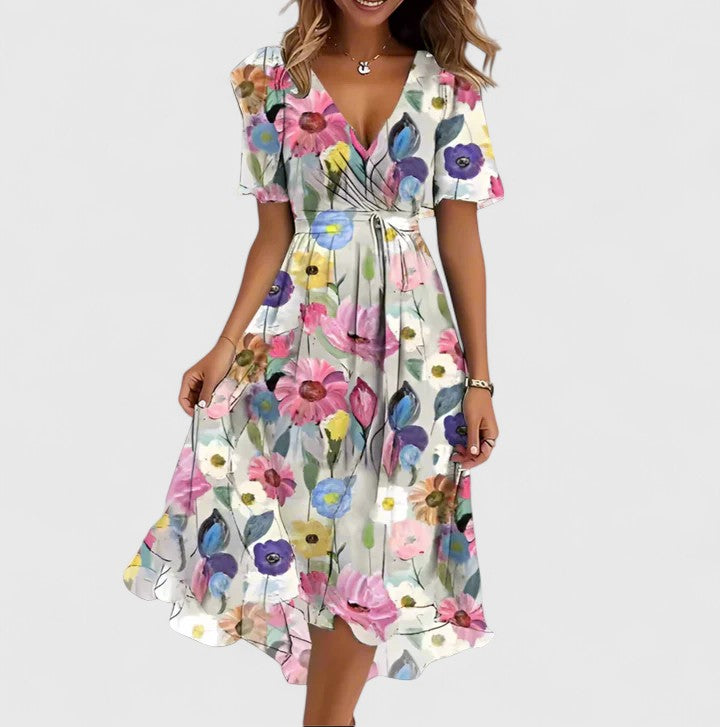 Women's Floral Dress – 100% Polyester, Cinched Waist, V-Neckline