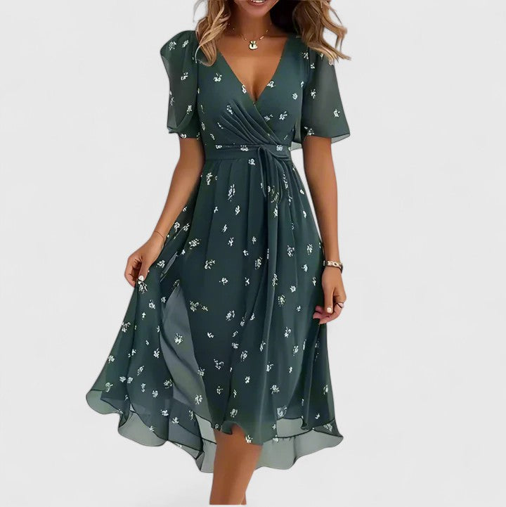 Women's Floral Dress – 100% Polyester, Cinched Waist, V-Neckline