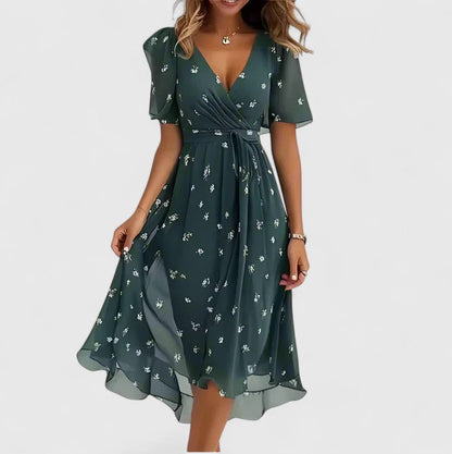 Women's Floral Dress – 100% Polyester, Cinched Waist, V-Neckline