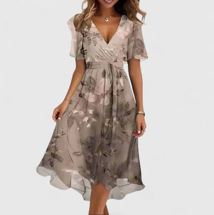 Women's Floral Dress – 100% Polyester, Cinched Waist, V-Neckline