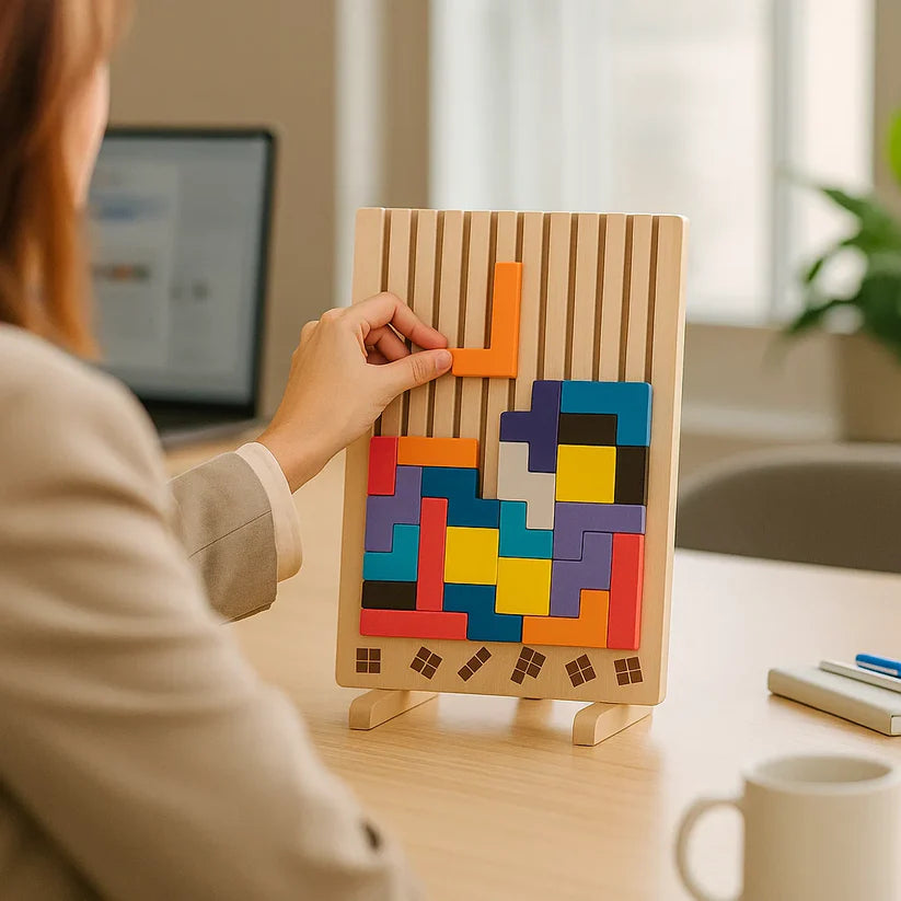 Wooden Block Puzzle | 40+ Tetris-Shape Pieces with 10 Pattern Cards | Upright Desk Stand for Quick Focus Breaks