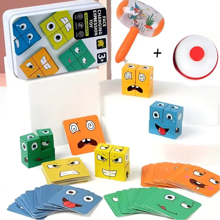 Wooden Building Blocks Emoji Non-Toxic Stackable with Water-Based Paint
