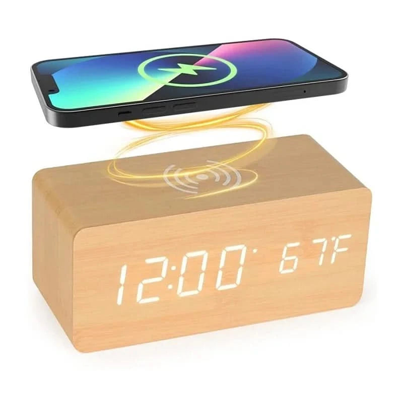 Wooden Digital Alarm Clock | Wireless Charging & Voice Activation