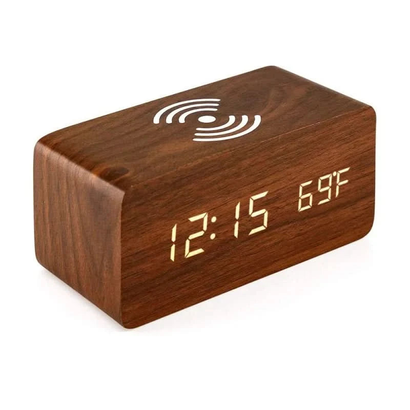 Wooden Digital Alarm Clock | Wireless Charging & Voice Activation