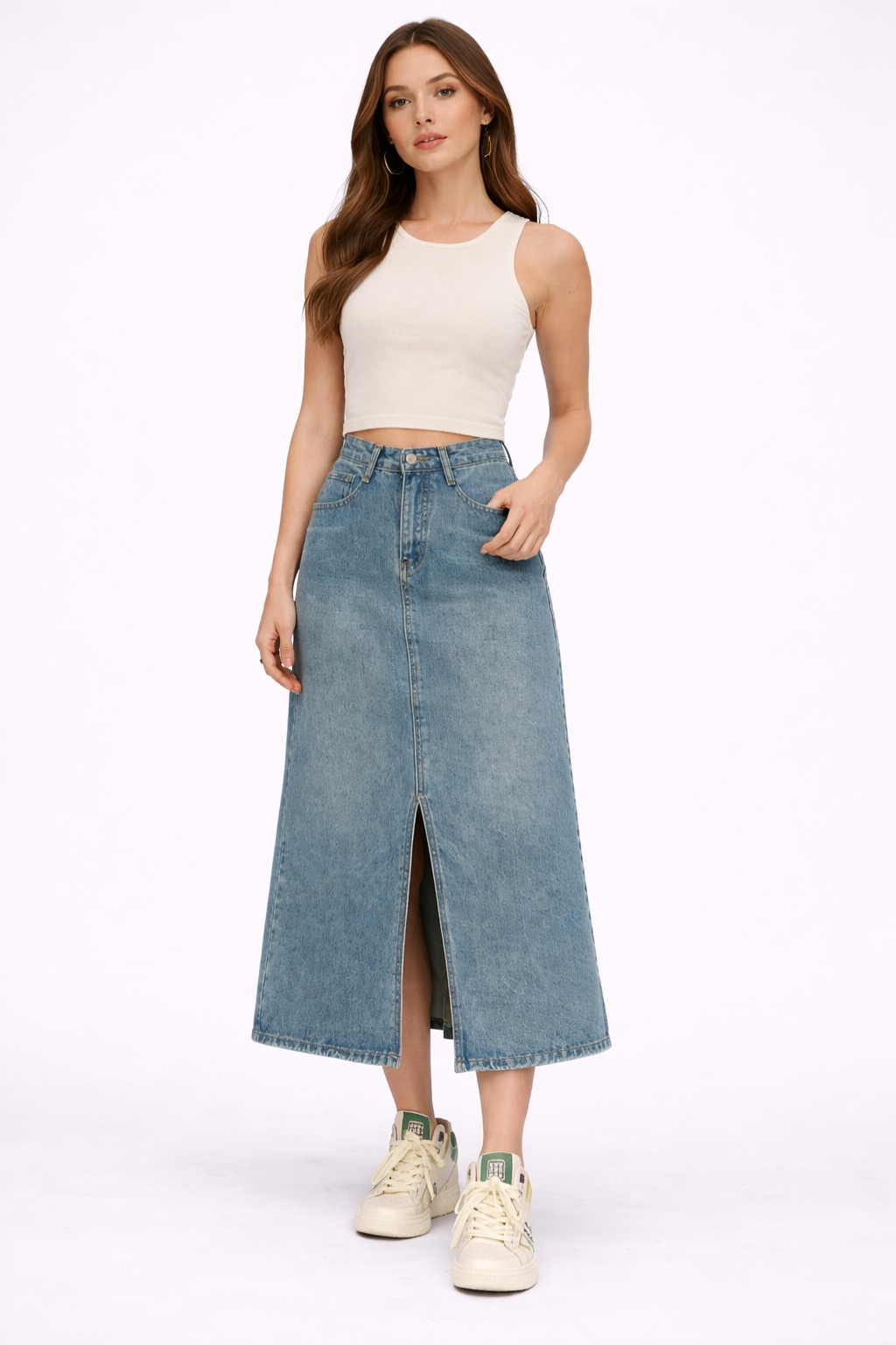 Wren | Women's High Waist Denim Maxi Skirt – A-Line Front Split Design 0