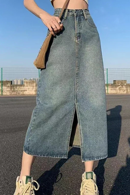 Wren | Women's High Waist Denim Maxi Skirt – A-Line Front Split Design 1