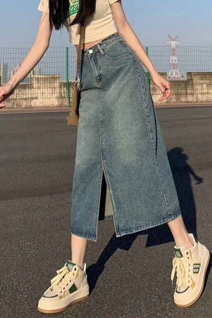 Wren | Women's High Waist Denim Maxi Skirt – A-Line Front Split Design 2