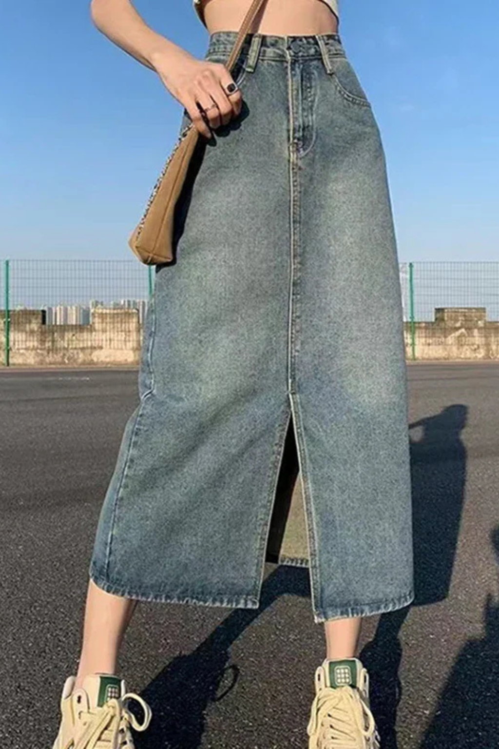 Wren | Women's High Waist Denim Maxi Skirt – A-Line Front Split Design 3
