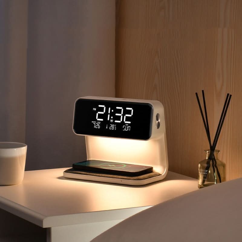 Alarm Clock Qi Wireless Charging Nightstand Station LED Digital Fabric White - Image 1