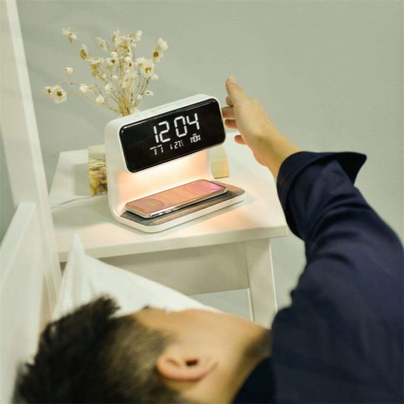 Alarm Clock Qi Wireless Charging Nightstand Station LED Digital Fabric White - Image 2