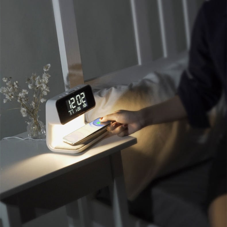 Alarm Clock Qi Wireless Charging Nightstand Station LED Digital Fabric White - Image 3