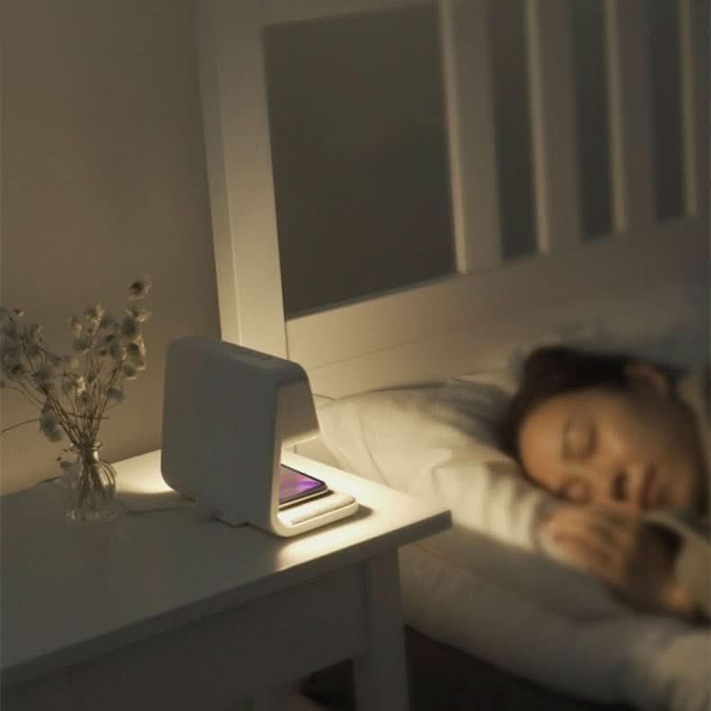 Alarm Clock Qi Wireless Charging Nightstand Station LED Digital Fabric White - Image 4