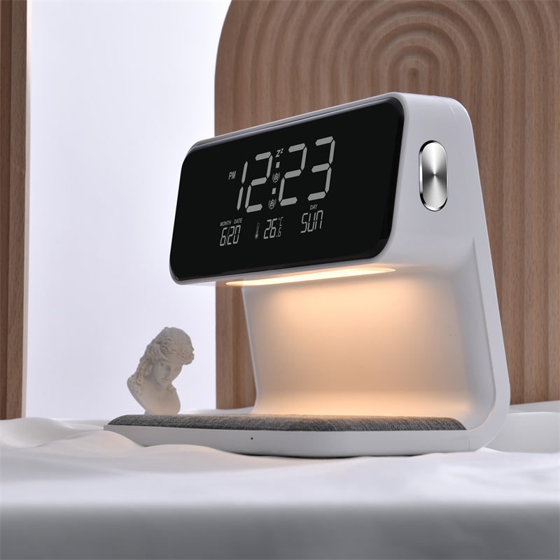 Alarm Clock Qi Wireless Charging Nightstand Station LED Digital Fabric White - Image 7