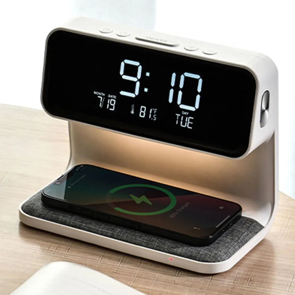 Alarm Clock Qi Wireless Charging Nightstand Station LED Digital Fabric White - Image 9