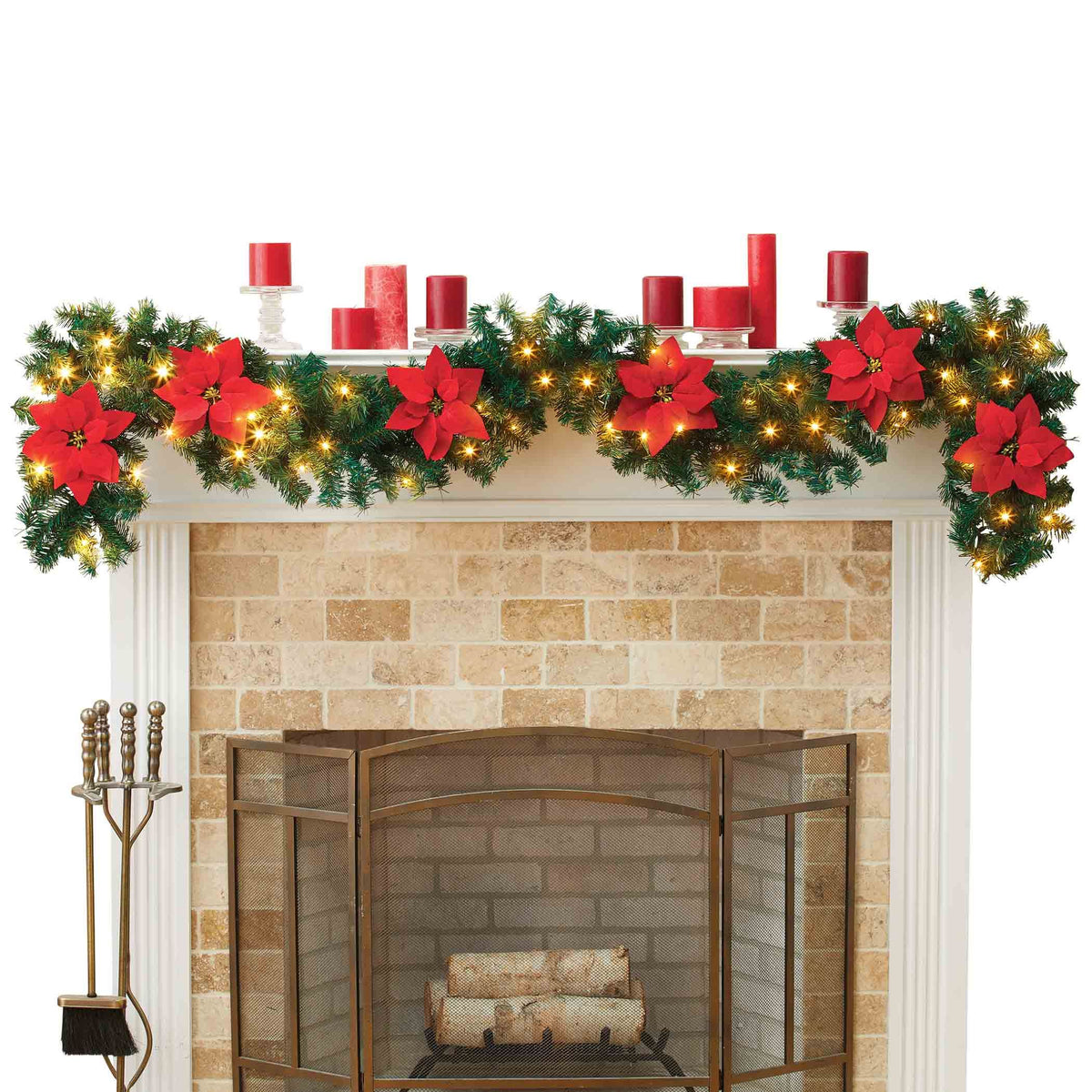 Lighted Poinsettia Garland Christmas Decor | 274 cm Long, 30 cm Wide | Warm White LED Lights, Battery Powered, Plastic 2