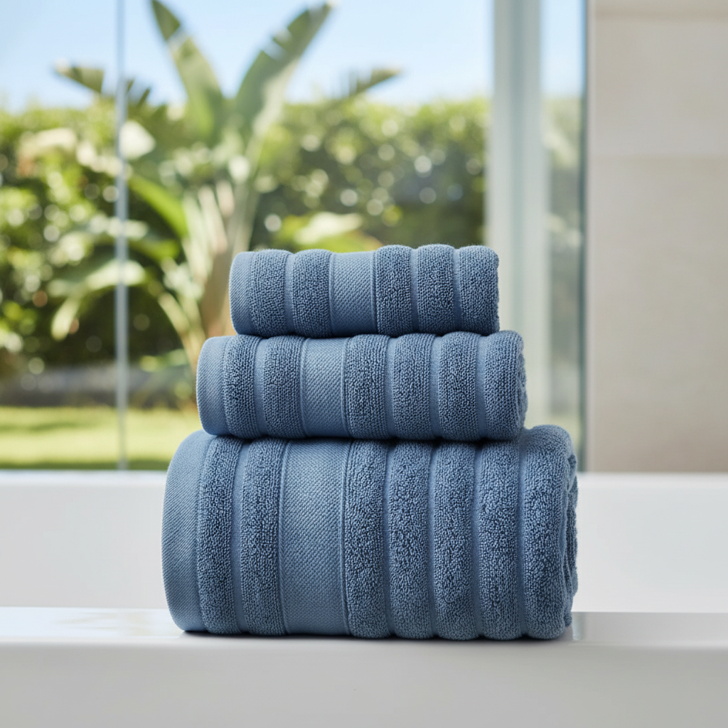 Bath Towel Set for Bathroom with 100% Cotton Ribbed Terry and Absorbent Loop Texture 3-Piece - Image 1