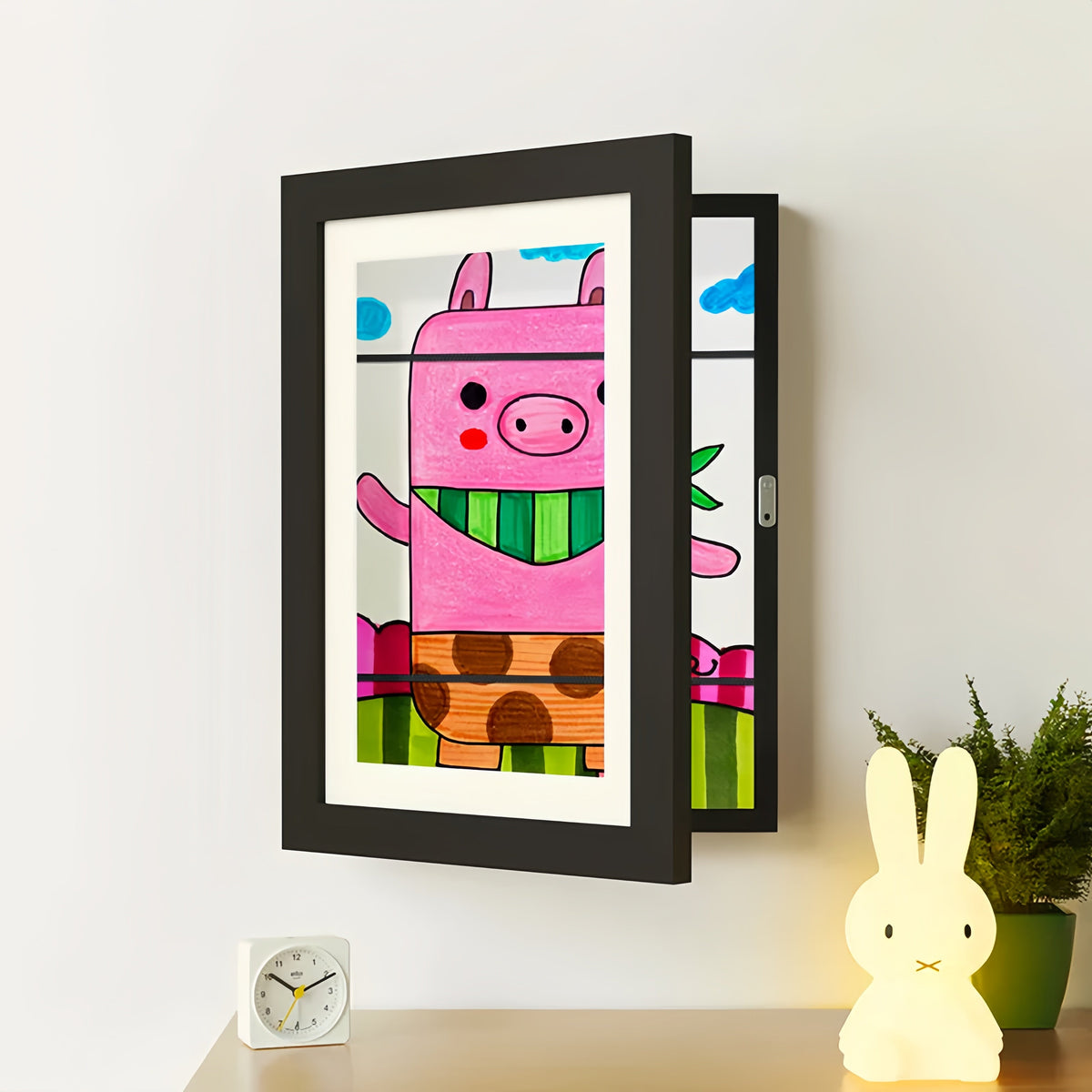 Kids Artwork Display Frame | Hidden Storage for 150 Pieces, Fits A4/US Letter | Magnetic Swap, White/Black/Wood 10