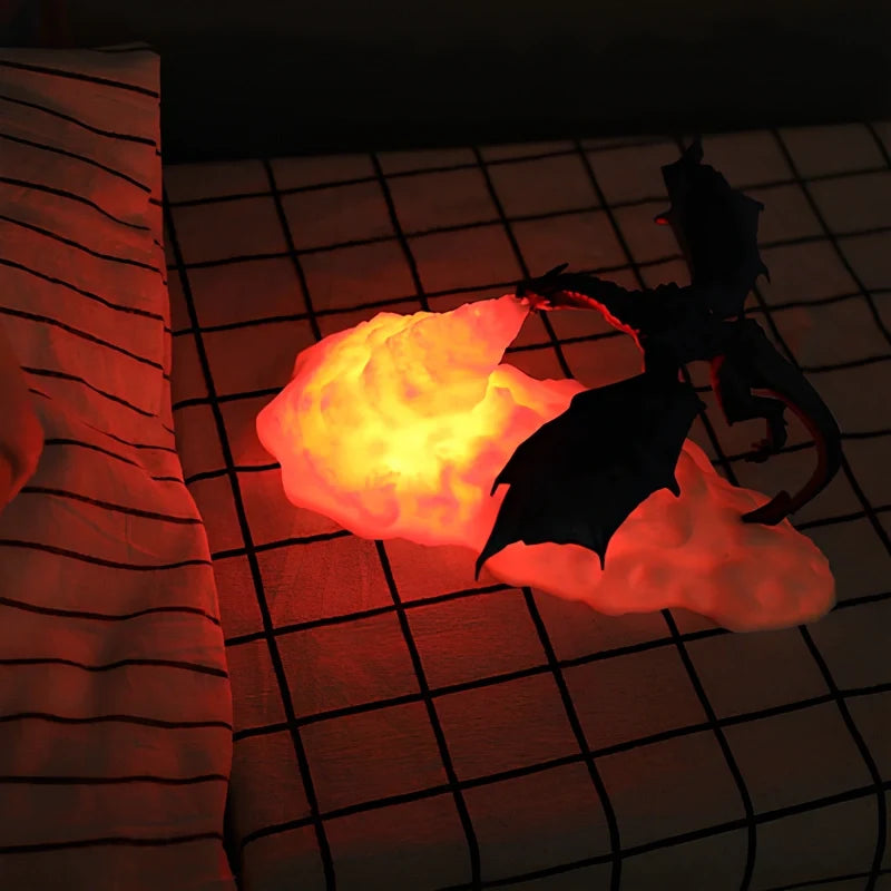 3D Printed Dragon Night Light, PLA, 20 x 10 cm | Flickering Flame Glow | Rechargeable Cordless USB LED, Up to 10 Hours 3